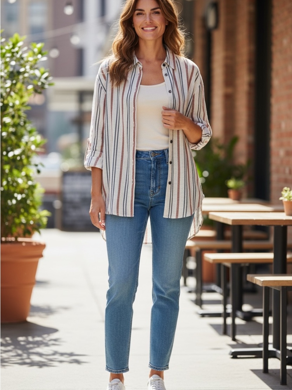 INWEAR Striped Button-Up Shirt  linen blend Cream, Rust & Navy loose fit size 10
